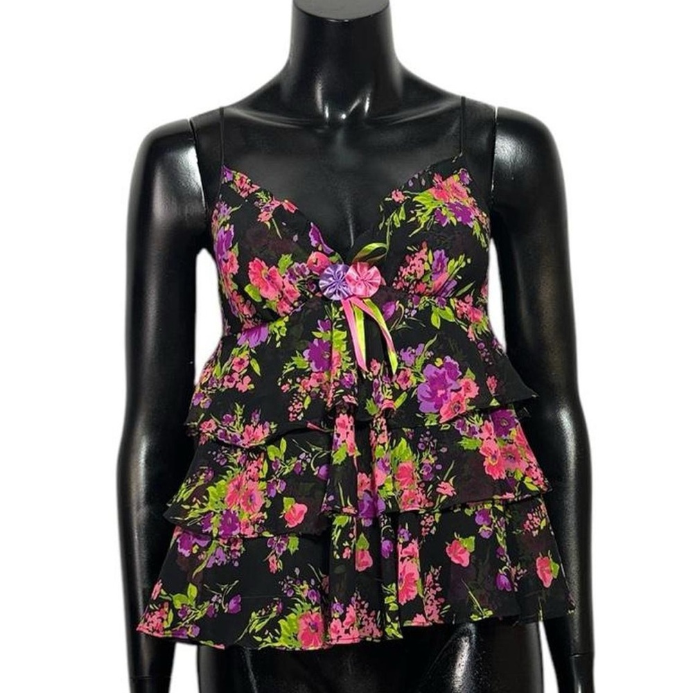 Victoria's Secret Black Floral Ruffled Camisole with Pink & Purple Roses